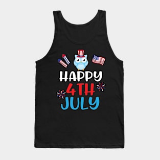 Owl With US Flag Hat Fireworks Happy Independence July 4th Day Americans Dad Mom Son Daughter Tank Top